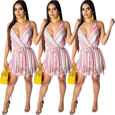 Fashion Strip Printed Suspenders V-Neck Drawstring Mini Dress R6189
