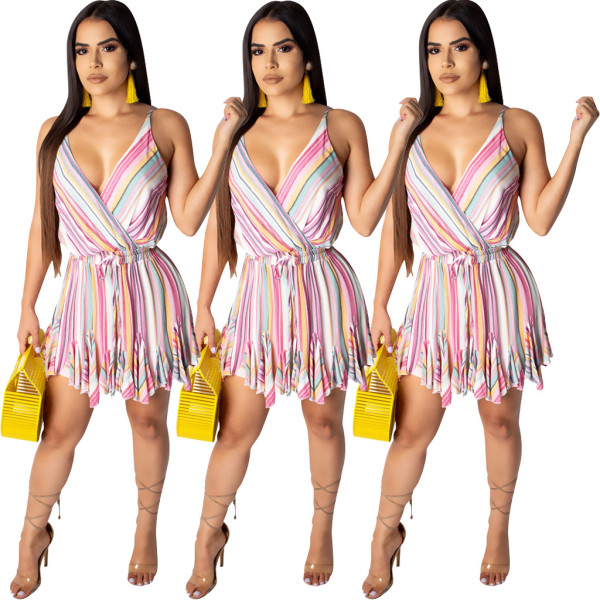 Fashion Strip Printed Suspenders V-Neck Drawstring Mini Dress R6189