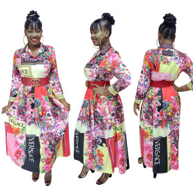 Casual Multicolor Ladies Floral Printing Long Sleeved Shirt Dress YZ1995