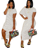 Striped Leisure Split Comfy Oblique Shoulder Long Dress LY5071