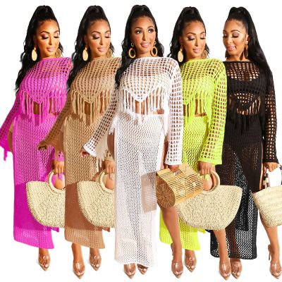 Women's Casual Set Sexy Sheer Hollow Handmade Fringe Skirt Set ZSC047