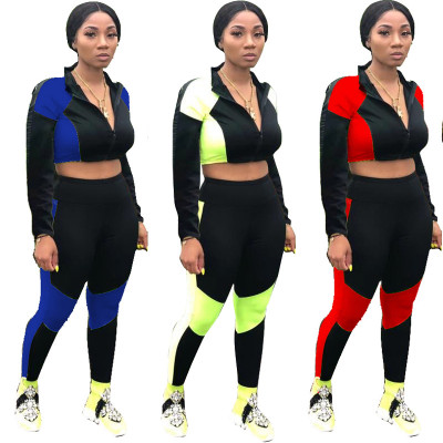 Zipper Crop Top Pencil Pants Colors Patchwork Sports Suits R6234