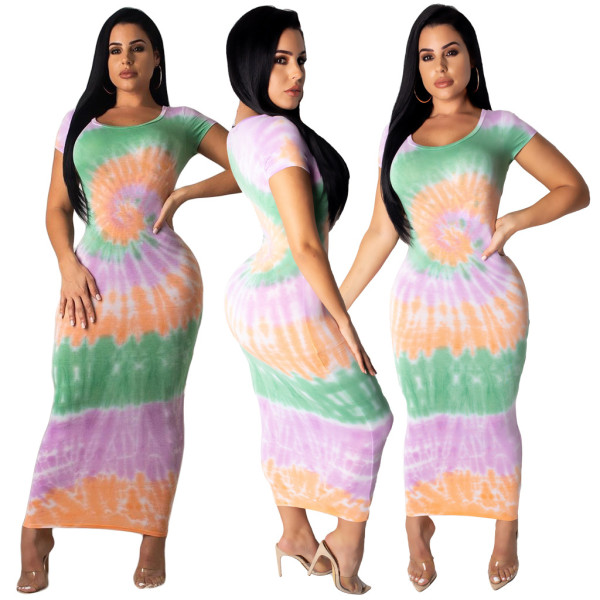 Hot Gradient Color Round Neck Ankle Length Wrap Dress ML7199
