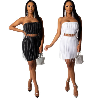 Strapless Top Short Dress Unique Plain Color Tassel Skirt Suits CCY8252