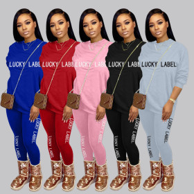 Sports Lucky Label Embroidery Round Neck Long Sleeves T-Shirt With Trousers Two Piece Set ZH5269