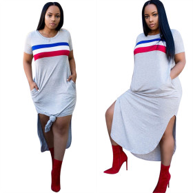 Hot Sell Stripe Patchwork Split Short Sleeve T-Shirt Dress YZ1585