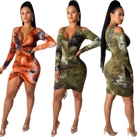 New Design Autumn Printing Cold-Shoulder Pleated Dress YY5093