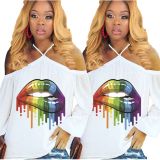Halter Neck Lips Print Long Sleeves White T Shirts MDF5049