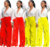 Wholesale Ruffle Women Solid Color Wide Leg Pants AA5095