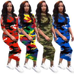 Hot Sell Camouflage Half Sleeves Bodycon Midi Dress GL6168