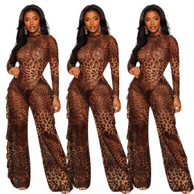 Hot Sell Bodycon Perspective Ruffle Leopard Printing Jumpsuit NK052