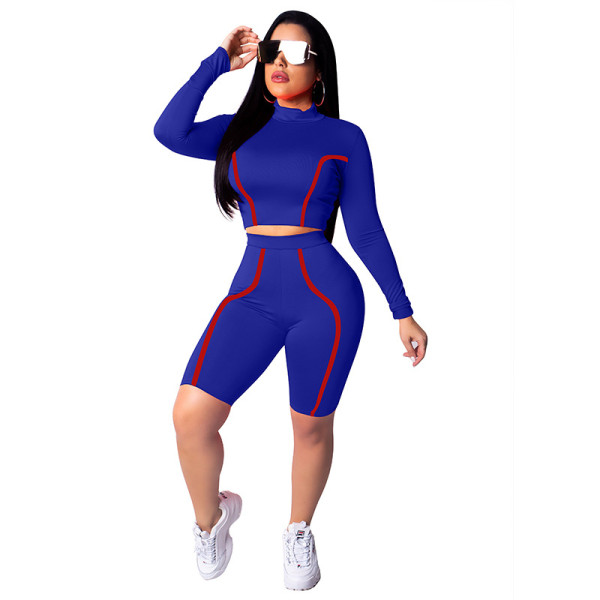 Sport Women Suits Bodycon Crop Top Stripe Half Pants XD524