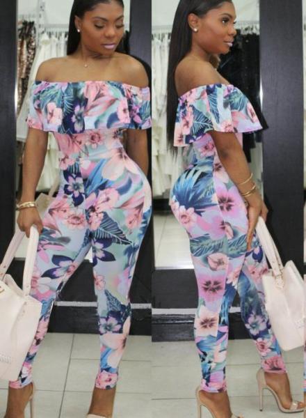 Off the Shoulder Floral Printed Jumpsuit YM-8213
