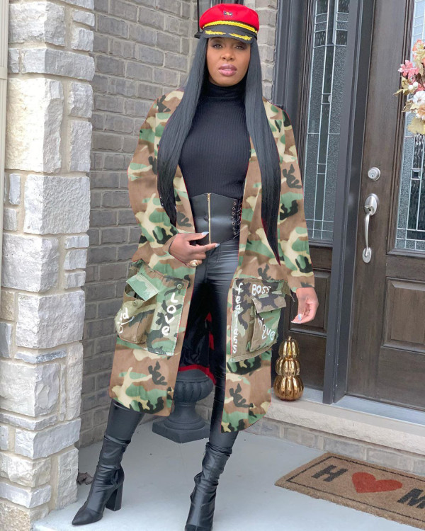 Plus Size Camouflage Printing Long Style Women Cardigan Coat SN3726