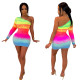 Stylish Bodycon Rainbow Printing Oblique Shoulder Wrap Dress LA3134