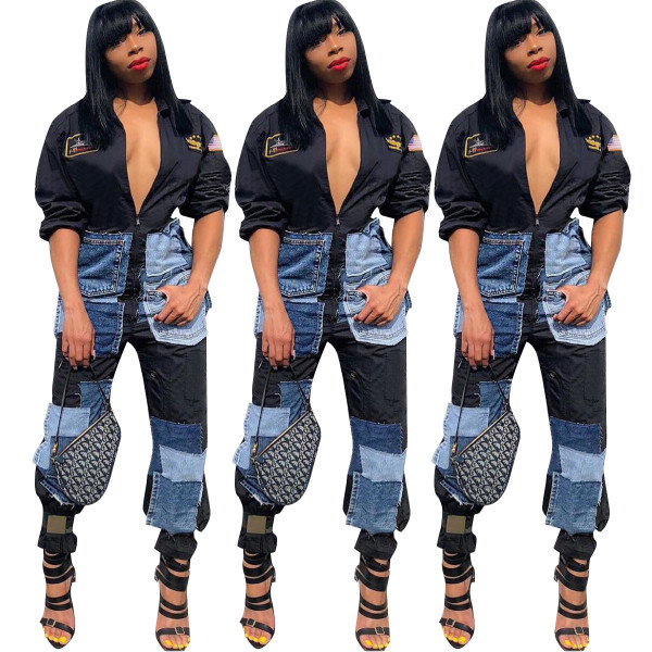 New Design Casual Denim Splicing Women Oversize Jumpsuit MF5123