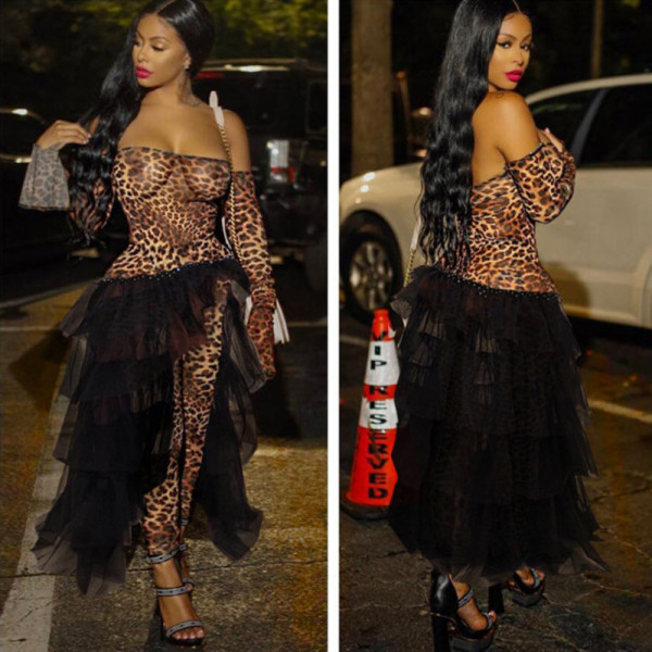 Leopard mesh digital printed women's fashion casual jumpsuit LZ698