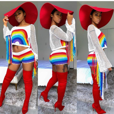Women Sexy Iridescent Shorts Suits With Tassel H1143