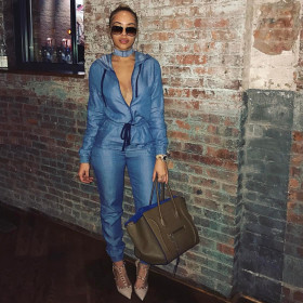 Women Denim Elastic Waistband Hooded Jumpsuit ZS-Y075
