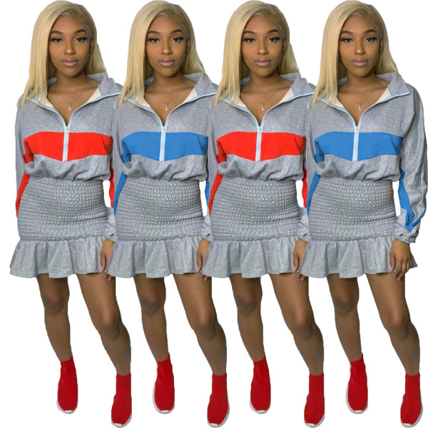 Casual Suits Zipper Color Patchwork Top Plain Color Wrap Skirt T3301H