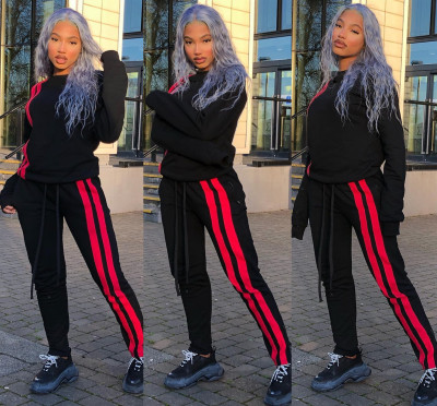 Women Winter Thick Hoodie Striped Side Pants 2 Pcs Sets QQ5138