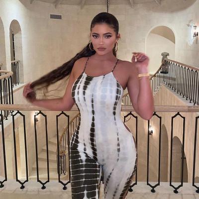 Sexy Tie Dye Suspenders Sleeveless Backless Hollow Out Jumpsuit K20405J