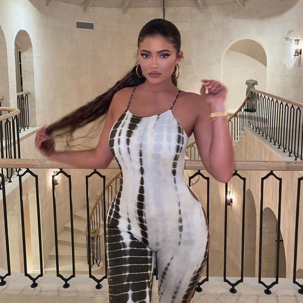 Sexy Tie Dye Suspenders Sleeveless Backless Hollow Out Jumpsuit K20405J