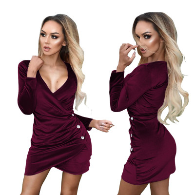 Sexy Pleuche Short Clubwear V Collar Pleated Dress TRS899