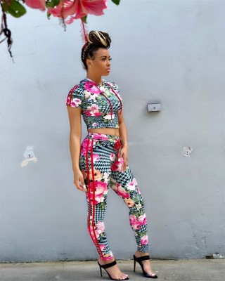 Wholesale Plaid Floral Print Two-Piece Suits For Ladies CY1065