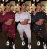 Autumn Off Shoulder Long Sleeves Mini Top With Drawstring Trousers Two Piece Set MD329