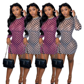 Sexy Plaid Perspective Round Neck Long Sleeves Mini Bodycon Dress MA6622