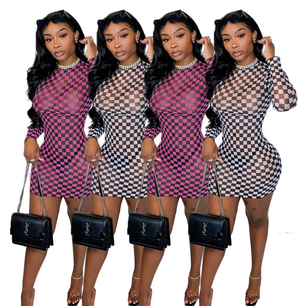 Sexy Plaid Perspective Round Neck Long Sleeves Mini Bodycon Dress MA6622