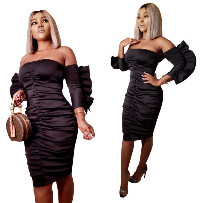 New Design Ladies Pleated Off Shoulder Knee Length Dress W8164