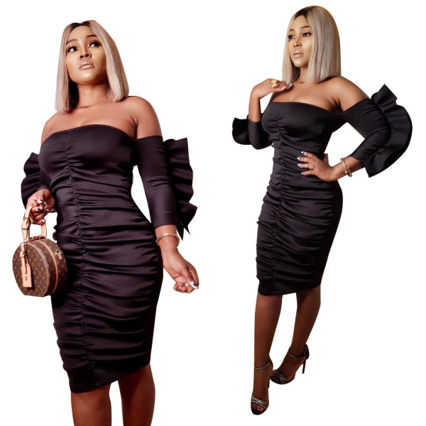 New Design Ladies Pleated Off Shoulder Knee Length Dress W8164