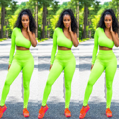 One Shoulder Crop Tops Skinny Leggings Solid Color Sets MR208