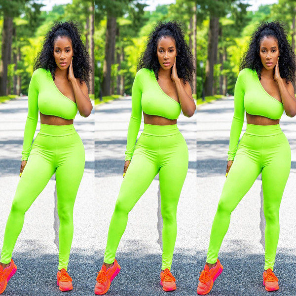 One Shoulder Crop Tops Skinny Leggings Solid Color Sets MR208