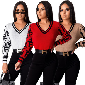 Women's Sweater Slim Fitting V Neck Pullover Letters Top ZS060