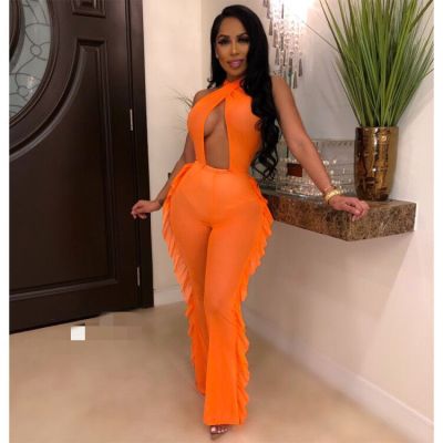 Bandage Sexy Plain Color Sleeveless Ruffle Jumpsuit LD8372