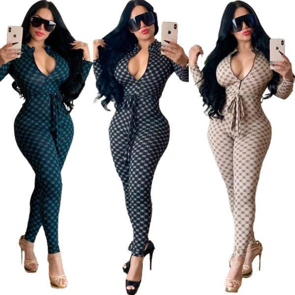 Long Sleeves Female Printing Zip Up Skinny Jumpsuits MD222