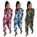 Loose V Collar Women Jumpsuit Camouflage Tied Harem Pants OEP6068