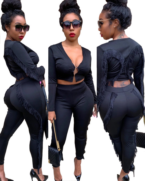 Sexy Crop Top Pencil Pants Women Tassel Deco Black Outfits L0296