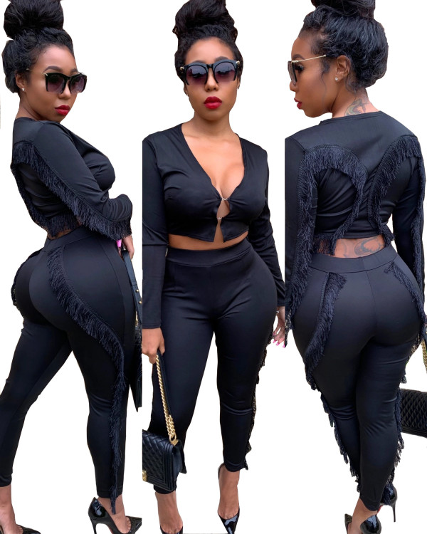 Sexy Crop Top Pencil Pants Women Tassel Deco Black Outfits L0296