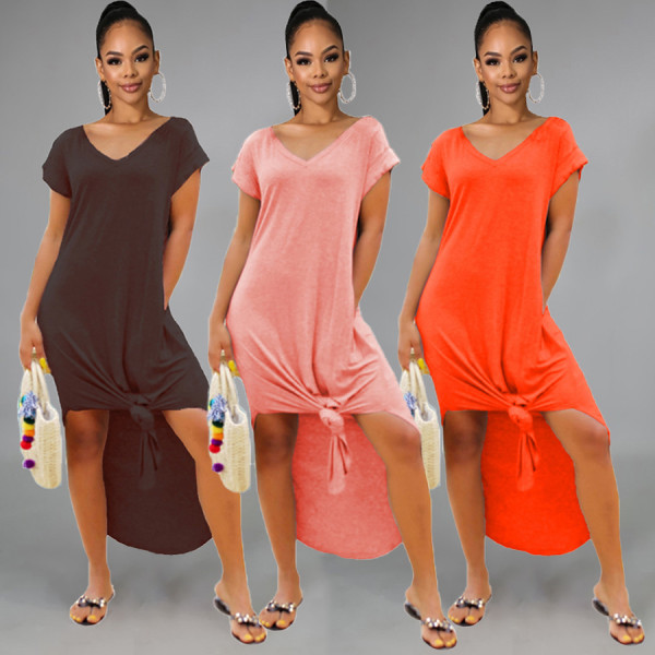 Loose women's V-neck short sleeve split dress women FSL9023