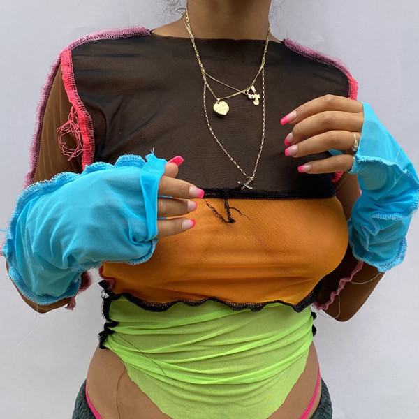 Sexy Mesh Contrast Stitching Round Neck Long Sleeves Top T1738371