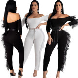 White/Black Latest Feather Deco Strapless Plain Color Tight Jumpsuit DN8349