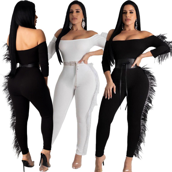White/Black Latest Feather Deco Strapless Plain Color Tight Jumpsuit DN8349