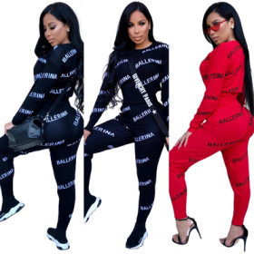 Fashion Black/Red Bodycon Letters Printing Long Track Suits K8654
