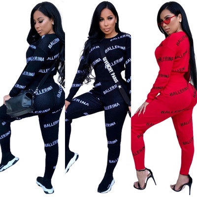Fashion Black/Red Bodycon Letters Printing Long Track Suits K8654