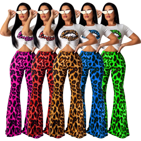 Leopard Print Hot Sets Short Sleeve T-Shirt Wide Leg Pants SDD9166