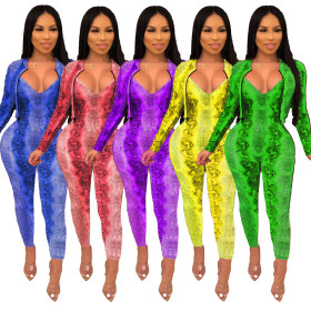 Snake Printing 5 Colors Hot Outfits Bodycon Jumpsuit Short Coat JH123